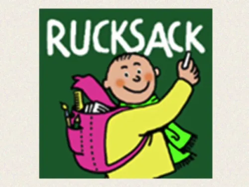 Eine gezeichnete Figur, die einen Rucksack tr&auml;gt und Kreide in der Hand hat, &uuml;ber ihr steht der Begriff "Rucksack"