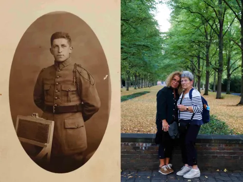 Jean Iribarne in französischer Militäruniform, 1930er Jahre; daneben seine Tochter und seine Enkelin vor seinem Grab auf dem Stadtfriedhof Seelhorst, September 2025
