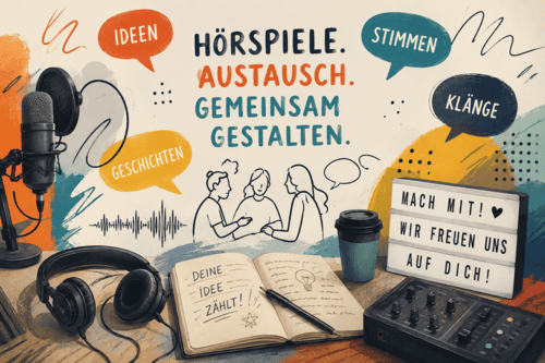 Auf dem Bild sind Mikrofone, Kopfhöhrer, ein kleines Mischpult zu sehen. Außerdem in der Mitte ein Buch in der "Deine Idee zählt" rein gekritzelt ist.