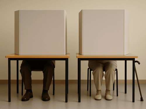 Ein KI-erzeugtes Bild: Zwei Menschen älteren Alters sitzen in Wahlkabinen.