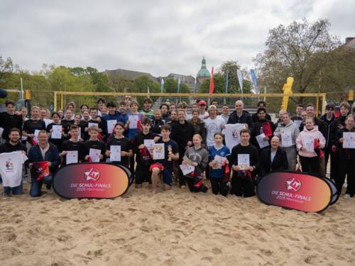 Viele Menschen stehen neben- und hintereinander auf einem Beachvolleyballfeld und lachen in die Kamera. Die Spieler*innen halten Zettel vor sich.