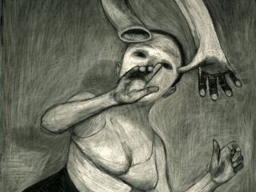 Zu sehen ist eine Zeichnung von Anke Feuchtenberger: Eine Frau zieht ihren Arm wie einen Handschuh aus.