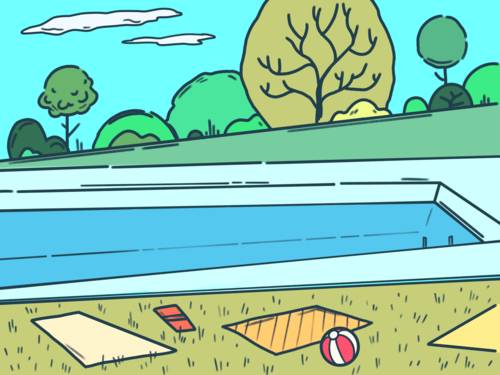 Grafik: Handtücher und ein Ball liegen auf der Liegewiese neben einem Schwimmbecken.