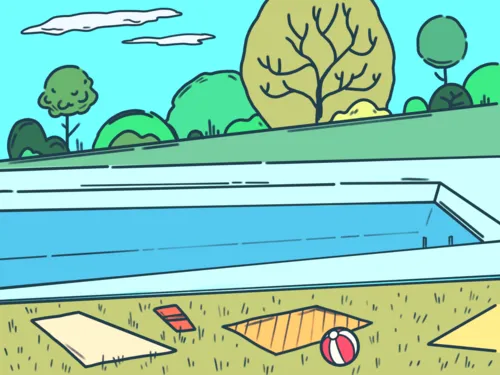 Grafik: Handtücher und ein Ball liegen auf der Liegewiese neben einem Schwimmbecken.