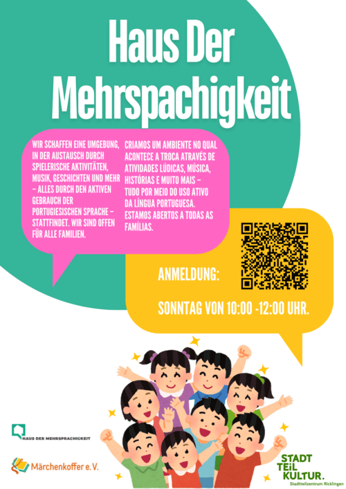 Der Titel: " Haus der Mehrsprachlichkeit", steht oben in großer Schrift auf einem Kreis. Darunter steht eine Beschreibung mit Informationen zur Veranstaltung und Anmeldeung. Darunter ist eine Gruppe gezeichneter Kinder, welche sich freuen.