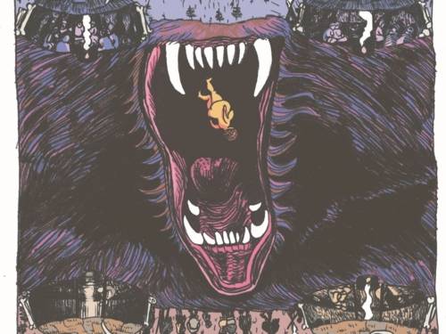 Zu sehen ist eine Zeichnung von Ulli Lust. Ein großer, aufgerissenes Tiermaul, das oben zu einem Berg wird und sich unten zu einer Landschaft ausweitet.