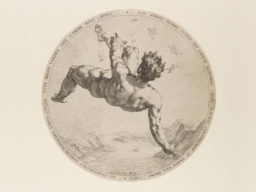 Ein Kupferstich von einem fallenden, nackten Mann in der Rückenansicht.