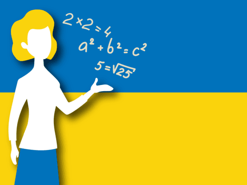 Die Silhouette einer Person steht vor der blau-gelben Flagge der Ukraine, neben der Person mathematische Formeln