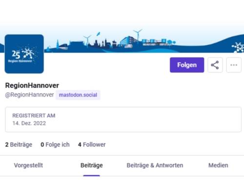 Bildschirmaufnahme des Profils der Region Hannover auf Mastodon