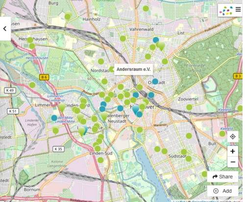 Eine Stadtkarte von Hannover mit Markierungspunkten