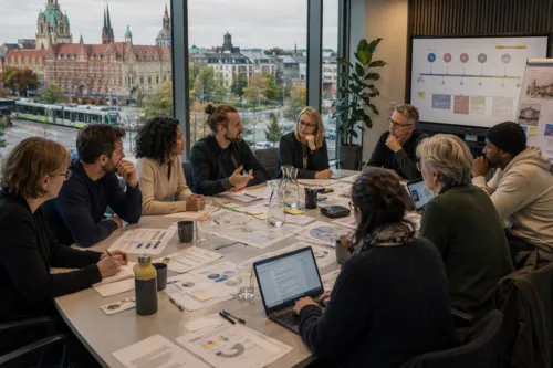 Menschen sitzen um einen Tisch. Auf dem Tisch liegen Dokumente. Auf den Dokumenten sind Graphiken und Text zu sehen. Im Hintergrund sieht man durch ein Fenster das Neue Rathaus in Hannover.