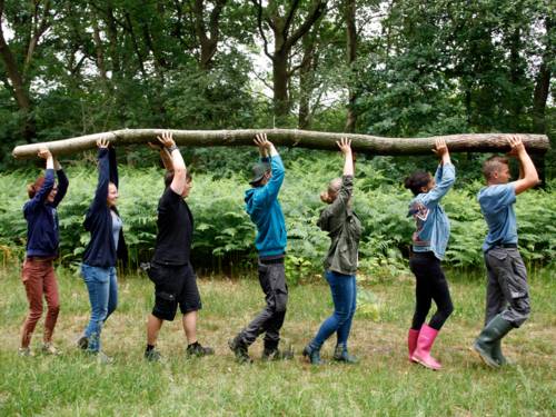 Sieben Personen, die einen Baumstamm tragen.