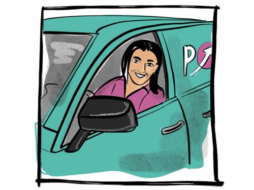 Zeichnung: Eine Person fährt ein Auto und schaut aus dem geöffneten Fenster heraus.