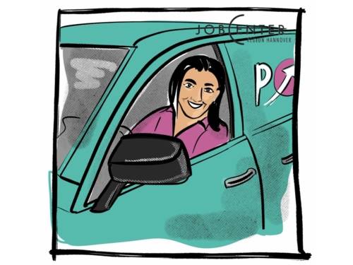 Zeichnung: Eine Person fährt ein Auto und schaut aus dem geöffneten Fenster heraus.