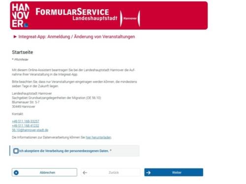 Ansicht einer Seite des Formularservice der Landeshauptstadt Hannover