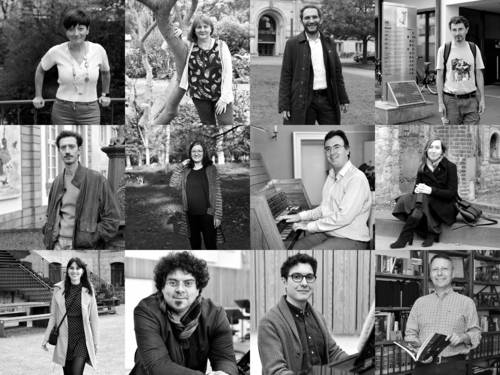 Zu sehen ist eine Schwarz-Weiß-Collage aus Fotos von verschiedenen Personen