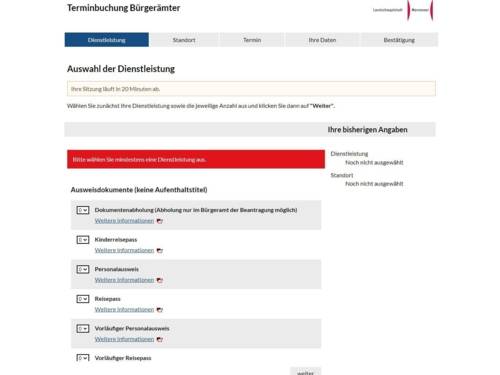 Bildschirmansicht des Online-Terminvergabemoduls mit verschiedenen Auswahlmöglichkeiten der angebotenen Bürgerämter-Dienstleistungen.
