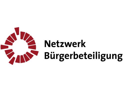 Das Logo des Netzwerkes Bürgerbeteiligung: Der Name und ein grafisches Gebilde.