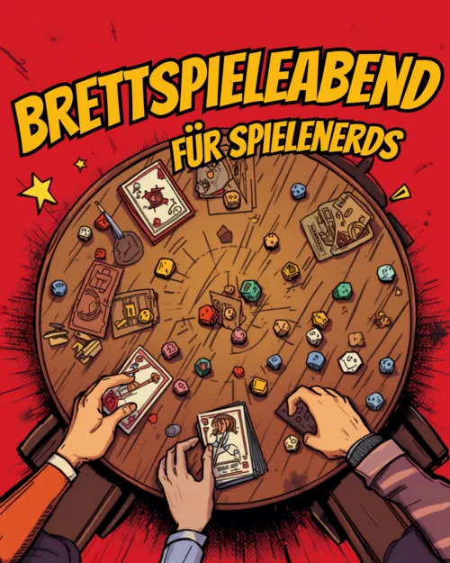 Auf dem Bild ist ein runder Tisch mit Spielekarten, Würfeln und ein paar Händen, die die Karten in der Hand halten.