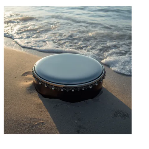 Auf dem Bild ist eine Trommel versenkt im Strand zu sehen