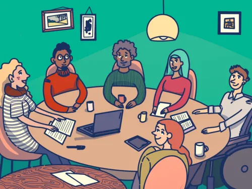 Grafik: diverse Personen sitzen um einen Tisch herum