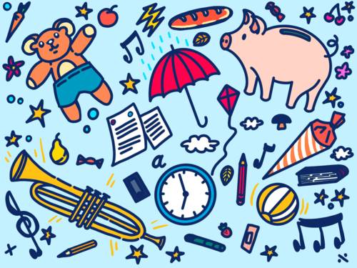 Grafik: Sparschwein, Teddybär, Ball, Trompete und weitere Gegenstände vor hellblauem Hintergrund.