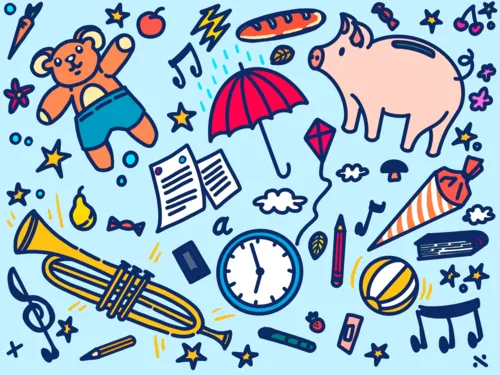 Grafik: Sparschwein, Teddyb&auml;r, Ball, Trompete und weitere Gegenst&auml;nde vor hellblauem Hintergrund.
