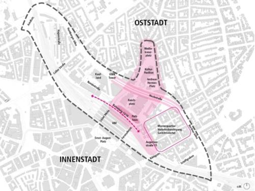 Auszug eines Stadtplans mit einem eingezeichneten Bereich, darin ein weiterer Bereich pink eingefärbt.