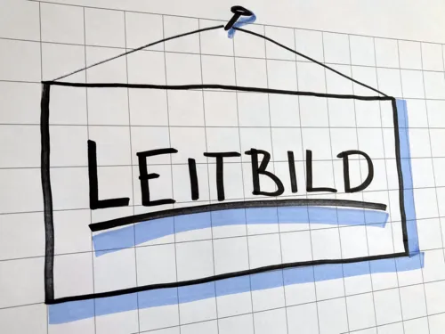 Auf Flipchartpapier steht das Wort "Leitbild". Drumherum ist ein Kasten gezeichnet und es wirkt, als sei dieser Kasten wie ein Schild an einem gezeichneten Nagel aufgeh&auml;ngt.