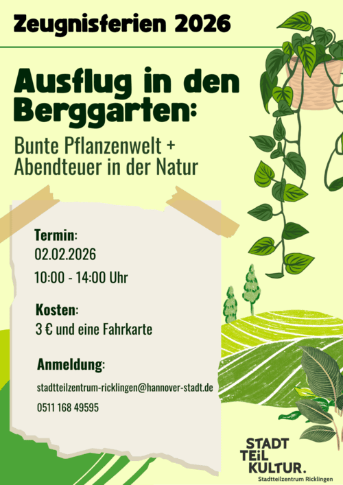 Ein Plakat mit Boxen und Informationen zur Veranstaltung in diesen. Drum herum sind Pflanzen verteilt.