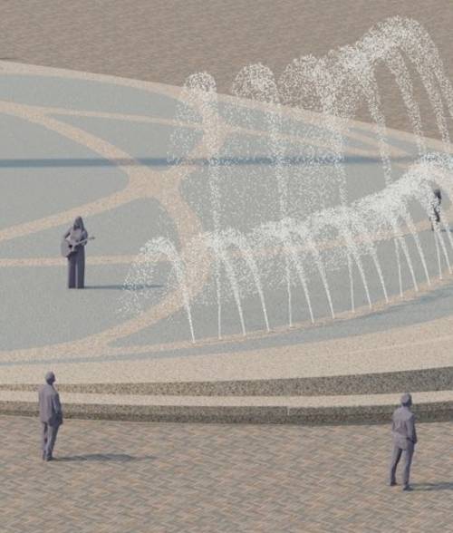 Visualisierung: Ausschnitt von einem Platz und Blick aus der Vogelperspektive auf einen Platz mit einem Wasserspiel aus kleinen gebogenen Font&auml;nen, drei Menschen stehen auf dem Platz.