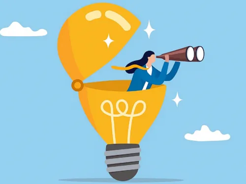 Grafik: Eine Glühlampe klappt auf, eine Person schaut wie aus dem Korb eines Heißluftballons heraus und schaut mit einem Fernglas. Der Hintergrund ist blau mit weißen Wolken.