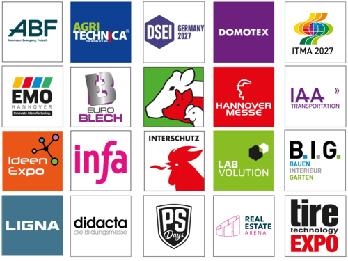Bildergalerie mit Logos verschiedener Messen in Hannover, darunter internationale Fach- und Industriemessen.