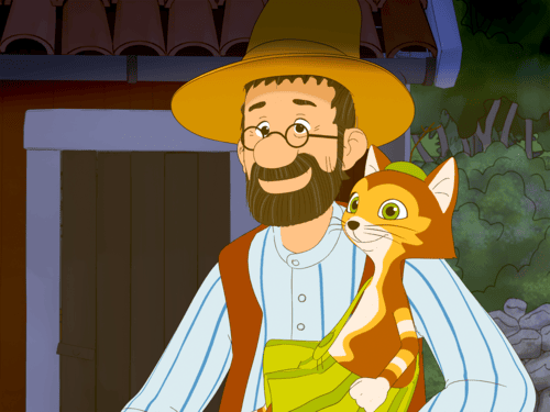 Ein gezeichneter Mann hat eine Katze auf dem Arm