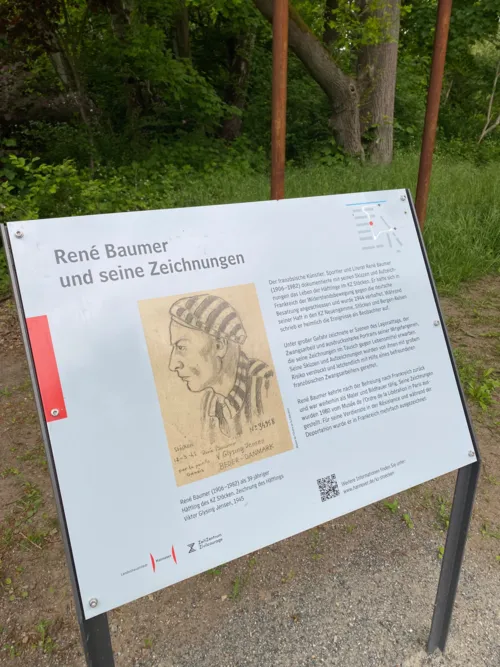 Eine Informationstafel mit der Zeichnung eines Gesichts und einer gestreifeten M&uuml;tze und gestreiftem Hemd. "Rene Baumer und seine Zeichnungen"