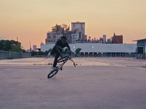 Zu sehen ist ein Film Still aus „Mr. Cato“: Ein Biker zeigt einen Strick mit dem Fahrrad vor einer untergehenden Sonne.
