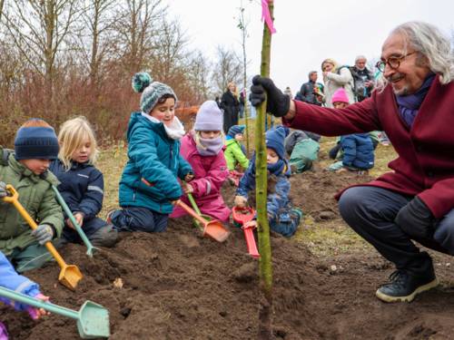 Kinder an einem Baum. Daneben ein Erwachsener.