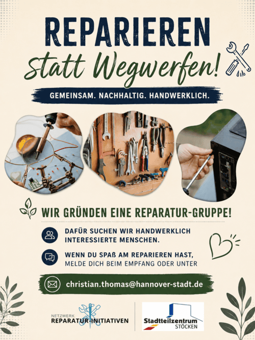 Auf dem Bild sind die Informationen des Textes grafisch aufbereitet lesbar zusammen mit drei Bildern, die das Reparieren darstellen.