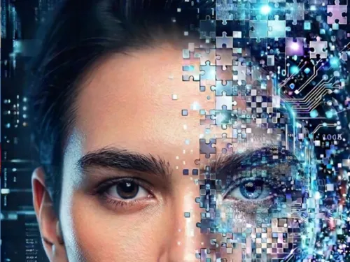 Augenpartie einer ernst guckenden Frau, zum Teil überdeckt mit futuristisch leuchtenden Puzzleteilen.