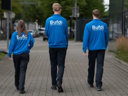 Drei Menschen von hinten  mit einem blauen Pullover, auf dem in Weiß Bufdi Feuerwehr Hannover steht.