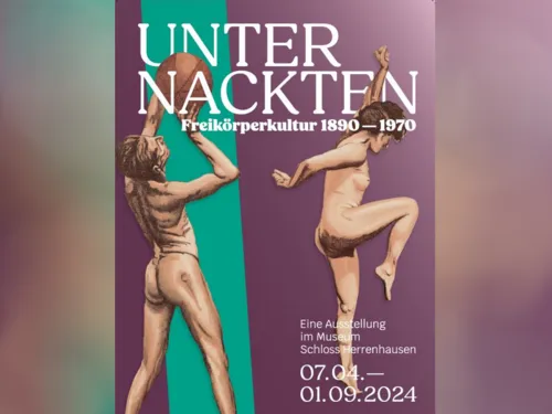 Ausstellungsplakat mit Motiven aus einem Werbeplakat des Reichsverbandes für Freikörperkultur von 1928