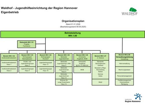 Beschriftete Rechtecke und Linien bilden die Hierarchie und Struktur des Waldhofes &ndash; Jugendhilfeeinrichtung der Region Hannover Eigenbetrieb ab.