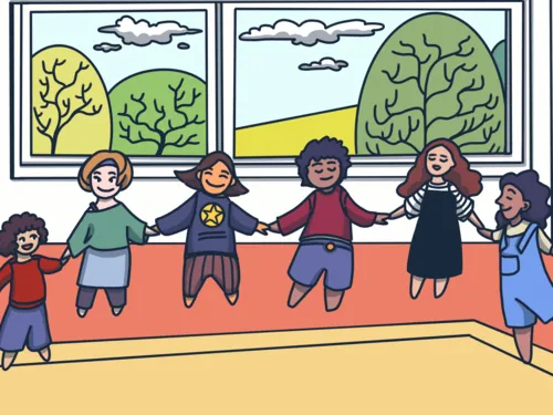 Grafik: Kinder bilden einen Kreis, indem sie sich an den Händen halten. Hinter den Kindern sind große Fenster.