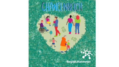 Grafik: Der Blick durch ein herzförmiges Loch in einer Hecke führt zu einer Szene mit spielenden Kindern, einem Baby auf dem Arm eines Mannes, einer Person im Rollstuhl, einem händchenhaltenden Pärchen und einer Person am Gehstock mit einem Kind.