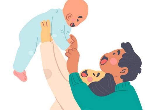 Illustration von einem Baby und Symbole von einem Schnullern auf weißem Hintergrund