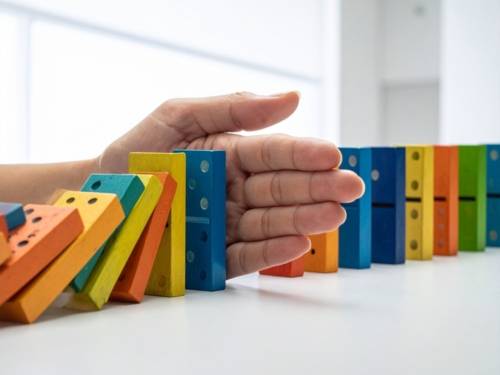 Eine Reihe aufgestellter Bauklötze kippt nacheinander, in der Mitte der Reihe ragt eine Hand rein und stoppt die Kettenreaktion.