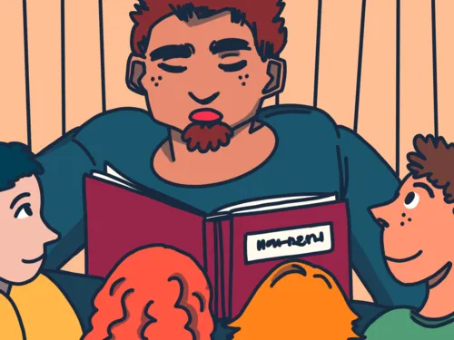 Grafik: Ein Mann liest Kindern aus einem Buch vor.