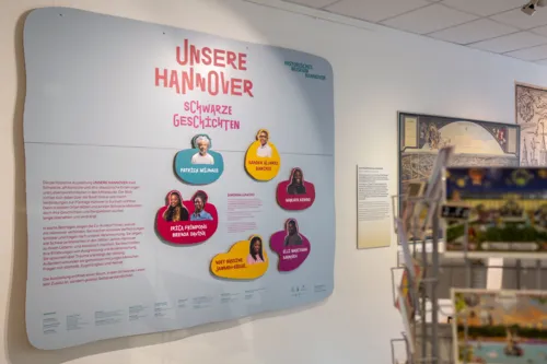 Tafel mit den Porträts der Ausstellungskurator*innen