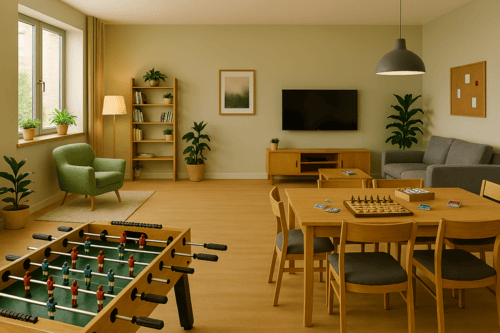 Ein großes Zimmer. Es gibt einen Tisch mit Brettspielen, ein Sofa, eine Leseecke mit Leselampe und einen Tisch zum kickern.