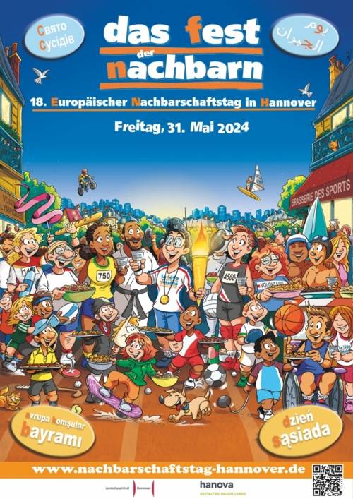 Plakat mit Comic-Figuren, das für den 18. Europäischen Nachbarschaftstag 31. Mai 2024 wirbt